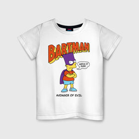 Детская футболка хлопок с принтом Барт Симпсон в Петрозаводске, 100% хлопок | круглый вырез горловины, полуприлегающий силуэт, длина до линии бедер | Тематика изображения на принте: bart simpson | simpsons | барт | барт симпсон | бартмен | симпcоны | супергерой