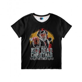 Детская футболка 3D с принтом Red Dead Christmas в Петрозаводске, 100% гипоаллергенный полиэфир | прямой крой, круглый вырез горловины, длина до линии бедер, чуть спущенное плечо, ткань немного тянется | christmas | dead | gamer | john | marston | new | rdr | red | redemption | rockstar | shooter | western | xmas | year | вестерн | джон | марстон | рождество | шутер