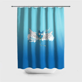Штора 3D для ванной с принтом Happy Aye! (Fairy Tail) в Петрозаводске, 100% полиэстер | плотность материала — 100 г/м2. Стандартный размер — 146 см х 180 см. По верхнему краю — пластиковые люверсы для креплений. В комплекте 10 пластиковых колец | anime | blue | cat | fairy tail | happy | аниме | кот | кошка | синий | хвост феи | хэппи