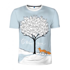 Мужская футболка 3D спортивная с принтом Зайцы на дереве в Петрозаводске, 100% полиэстер с улучшенными характеристиками | приталенный силуэт, круглая горловина, широкие плечи, сужается к линии бедра | 2019 | год | дерево | дикие | животные | зайцы | зима | испуг | кролики | лесные | лиса | лисичка | мода | моло | на дереве | новый год | подарок | поздравление | праздник | рисунок | рождество | с новым годом