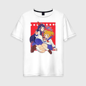 Женская футболка хлопок Oversize с принтом PTE в Петрозаводске, 100% хлопок | свободный крой, круглый ворот, спущенный рукав, длина до линии бедер
 | anime | girls | pop | pop team epic