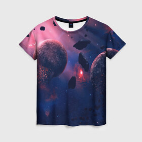 Женская футболка 3D с принтом КОСМОС в Петрозаводске, 100% полиэфир ( синтетическое хлопкоподобное полотно) | прямой крой, круглый вырез горловины, длина до линии бедер | galaxy | nebula | space | star | абстракция | вселенная | галактика | звезда | звезды | космический | планеты