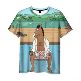 Мужская футболка 3D с принтом Конь БоДжек в Петрозаводске, 100% полиэфир | прямой крой, круглый вырез горловины, длина до линии бедер | bojack | hollywood | horseman | бассейн | боджек | конь