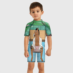 Детский купальный костюм 3D с принтом Конь БоДжек в Петрозаводске, Полиэстер 85%, Спандекс 15% | застежка на молнии на спине | bojack | hollywood | horseman | бассейн | боджек | конь