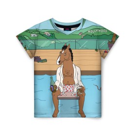 Детская футболка 3D с принтом Конь БоДжек в Петрозаводске, 100% гипоаллергенный полиэфир | прямой крой, круглый вырез горловины, длина до линии бедер, чуть спущенное плечо, ткань немного тянется | bojack | hollywood | horseman | бассейн | боджек | конь