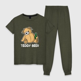 Женская пижама хлопок с принтом Teddy Beer в Петрозаводске, 100% хлопок | брюки и футболка прямого кроя, без карманов, на брюках мягкая резинка на поясе и по низу штанин | медведь | миша | мишка | тедди | юмор