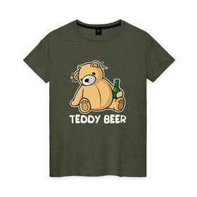 Женская футболка хлопок с принтом Teddy Beer в Петрозаводске, 100% хлопок | прямой крой, круглый вырез горловины, длина до линии бедер, слегка спущенное плечо | медведь | миша | мишка | тедди | юмор