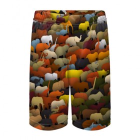 Детские спортивные шорты 3D с принтом Слоны идут налево в Петрозаводске,  100% полиэстер
 | пояс оформлен широкой мягкой резинкой, ткань тянется
 | Тематика изображения на принте: африка | животные | индия | паттрен | слон | слоники | стадо | толпа