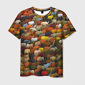 Мужская футболка 3D с принтом Слоны идут налево в Петрозаводске, 100% полиэфир | прямой крой, круглый вырез горловины, длина до линии бедер | африка | животные | индия | паттрен | слон | слоники | стадо | толпа