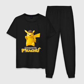 Мужская пижама хлопок с принтом Detetive Pikachu в Петрозаводске, 100% хлопок | брюки и футболка прямого кроя, без карманов, на брюках мягкая резинка на поясе и по низу штанин
 | detective | picachu | pokemon | детектив | пикачу | покемон