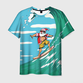 Мужская футболка 3D с принтом Cool Santa в Петрозаводске, 100% полиэфир | прямой крой, круглый вырез горловины, длина до линии бедер | cool | creative | design | holiday | merry christmas | new year | sea | summer | surfing | wave | волна | дизайн | канары | креатив | круто | лето | море | новый год | рождество | сёрфинг