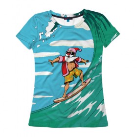 Женская футболка 3D с принтом Cool Santa в Петрозаводске, 100% полиэфир ( синтетическое хлопкоподобное полотно) | прямой крой, круглый вырез горловины, длина до линии бедер | cool | creative | design | holiday | merry christmas | new year | sea | summer | surfing | wave | волна | дизайн | канары | креатив | круто | лето | море | новый год | рождество | сёрфинг