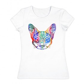 Женская футболка хлопок с принтом Разноцветная мордашка кота в Петрозаводске, 100% хлопок | прямой крой, круглый вырез горловины, длина до линии бедер, слегка спущенное плечо | большие уши | гипно кот | кот | котик | кошка | лицо | уши | ушной | цветная