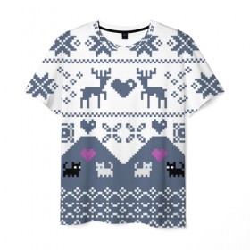 Мужская футболка 3D с принтом Новогодняя любовь в Петрозаводске, 100% полиэфир | прямой крой, круглый вырез горловины, длина до линии бедер | Тематика изображения на принте: cat | cneg | love | new year | sneg | snow | зима | кот | котята | кошка | любовь | новый год | олени | подарок | подарок любимог | подарок на новый год | рождество | сердечки | сердце | снег | снежинки | холод
