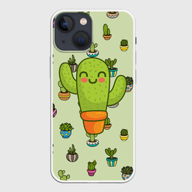 Чехол для iPhone 13 mini с принтом Веселый кактус в Петрозаводске,  |  | веселый | веселье | горшочек | зеленое | кактус | позитив | радость | растение | счастье | улыбка | цветок