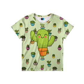 Детская футболка 3D с принтом Веселый кактус в Петрозаводске, 100% гипоаллергенный полиэфир | прямой крой, круглый вырез горловины, длина до линии бедер, чуть спущенное плечо, ткань немного тянется | веселый | веселье | горшочек | зеленое | кактус | позитив | радость | растение | счастье | улыбка | цветок