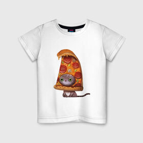 Детская футболка хлопок с принтом Котенок - пицца в Петрозаводске, 100% хлопок | круглый вырез горловины, полуприлегающий силуэт, длина до линии бедер | арт | грибы | колбаса | котенок | кусок | пицца | рисунок | тесто
