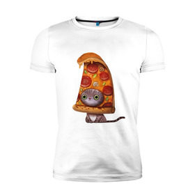 Мужская футболка премиум с принтом Котенок - пицца в Петрозаводске, 92% хлопок, 8% лайкра | приталенный силуэт, круглый вырез ворота, длина до линии бедра, короткий рукав | арт | грибы | колбаса | котенок | кусок | пицца | рисунок | тесто
