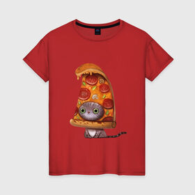 Женская футболка хлопок с принтом Котенок - пицца в Петрозаводске, 100% хлопок | прямой крой, круглый вырез горловины, длина до линии бедер, слегка спущенное плечо | арт | грибы | колбаса | котенок | кусок | пицца | рисунок | тесто