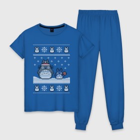 Женская пижама хлопок с принтом New Year Totoro в Петрозаводске, 100% хлопок | брюки и футболка прямого кроя, без карманов, на брюках мягкая резинка на поясе и по низу штанин | 2019 | дед мороз | дом | елка | желание | животные | зима | кабан | милый | мороз | настроение | новый год | пеппа | подарок | позитив | поросенок | праздник | радость | рождество | санта клаус | свинка