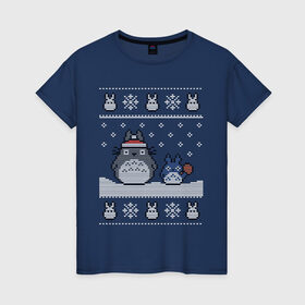 Женская футболка хлопок с принтом New Year Totoro в Петрозаводске, 100% хлопок | прямой крой, круглый вырез горловины, длина до линии бедер, слегка спущенное плечо | 2019 | дед мороз | дом | елка | желание | животные | зима | кабан | милый | мороз | настроение | новый год | пеппа | подарок | позитив | поросенок | праздник | радость | рождество | санта клаус | свинка