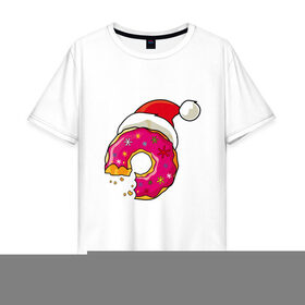 Мужская футболка хлопок Oversize с принтом Новогодний пончик в Петрозаводске, 100% хлопок | свободный крой, круглый ворот, “спинка” длиннее передней части | 2019 | дед мороз | дом | елка | желание | животные | зима | кабан | милый | мороз | настроение | новый год | пеппа | подарок | позитив | поросенок | праздник | радость | рождество | санта клаус | свинка