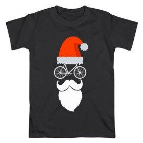 Мужская футболка хлопок с принтом Санта - велосипедист в Петрозаводске, 100% хлопок | прямой крой, круглый вырез горловины, длина до линии бедер, слегка спущенное плечо. | 