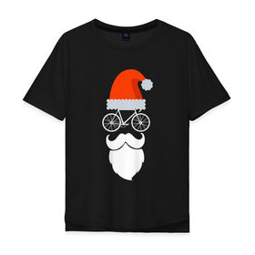 Мужская футболка хлопок Oversize с принтом Санта - велосипедист в Петрозаводске, 100% хлопок | свободный крой, круглый ворот, “спинка” длиннее передней части | 