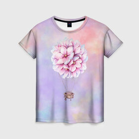 Женская футболка 3D с принтом Нежный Воздушный Шар в Петрозаводске, 100% полиэфир ( синтетическое хлопкоподобное полотно) | прямой крой, круглый вырез горловины, длина до линии бедер | акварель | гортензия | картина | краски | милый | пастель | розы | цветок | цветы