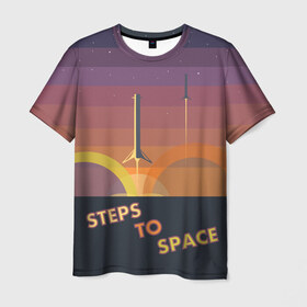 Мужская футболка 3D с принтом STEPS TO SPACE в Петрозаводске, 100% полиэфир | прямой крой, круглый вырез горловины, длина до линии бедер | elon musk | falcon 9 | spacex | илон маск | ступень ракеты