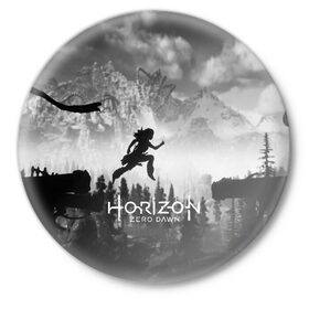 Значок с принтом Horizon Zero Dawn в Петрозаводске,  металл | круглая форма, металлическая застежка в виде булавки | aloy | game | horizon zero dawn | hunter | machine | mecha | robot | snow | spear | the frozen wilds | weapon | игры | постапокалипсис | роботы | фентези | элой