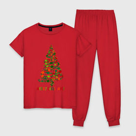 Женская пижама хлопок с принтом Merry Christmas в Петрозаводске, 100% хлопок | брюки и футболка прямого кроя, без карманов, на брюках мягкая резинка на поясе и по низу штанин | 2019 | дед мороз | дом | елка | желание | животные | зима | кабан | милый | мороз | настроение | новый год | пеппа | подарок | позитив | поросенок | праздник | радость | рождество | санта клаус | свинка