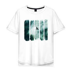 Мужская футболка хлопок Oversize с принтом Орёл над хвойным лесом в Петрозаводске, 100% хлопок | свободный крой, круглый ворот, “спинка” длиннее передней части | Тематика изображения на принте: лес | орел | природа | туман | хвойный лес