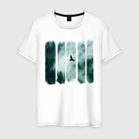 Мужская футболка хлопок с принтом Орёл над хвойным лесом в Петрозаводске, 100% хлопок | прямой крой, круглый вырез горловины, длина до линии бедер, слегка спущенное плечо. | лес | орел | природа | туман | хвойный лес