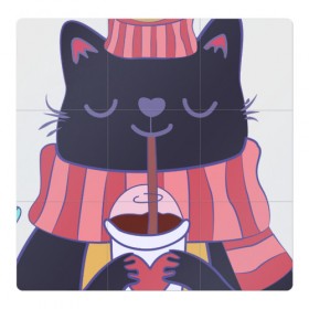 Магнитный плакат 3Х3 с принтом Зима - это кофе в Петрозаводске, Полимерный материал с магнитным слоем | 9 деталей размером 9*9 см | cat | coffee | kitty | зима | зимний | кот | котенок | котик | котики | котэ | кофе | кофейный | кошка | кружка | сердечко | сердце | теплый | шапочка