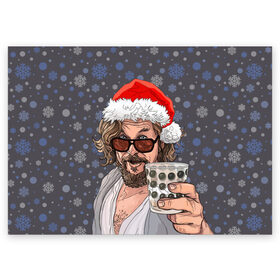 Поздравительная открытка с принтом Лебовски Санта в Петрозаводске, 100% бумага | плотность бумаги 280 г/м2, матовая, на обратной стороне линовка и место для марки
 | balls | big lebowski | bowling | film | happy christmas | movie | santa claus | skittles | большой лебовски | боулинг | дед мороз | кегли | кино | колпак | красная шапка | новый год | праздник | рождество | с новым годом | санта клаус