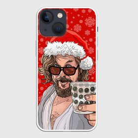 Чехол для iPhone 13 mini с принтом Лебовски Санта в Петрозаводске,  |  | balls | big lebowski | bowling | film | happy christmas | movie | santa claus | skittles | большой лебовски | боулинг | дед мороз | кегли | кино | колпак | красная шапка | новый год | праздник | рождество | с новым годом | санта клаус