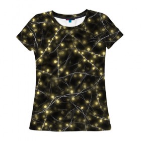 Женская футболка 3D с принтом Новогодняя гирлянда в Петрозаводске, 100% полиэфир ( синтетическое хлопкоподобное полотно) | прямой крой, круглый вырез горловины, длина до линии бедер | желтый | лампочки | новый год | огни | огоньки | провода | свет | черный | электрогирлянда