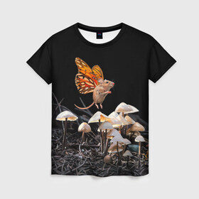 Женская футболка 3D с принтом Hover в Петрозаводске, 100% полиэфир ( синтетическое хлопкоподобное полотно) | прямой крой, круглый вырез горловины, длина до линии бедер | chipmunk | lisa ericson | бабочка | грибы | мышка | мышь