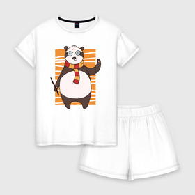 Женская пижама с шортиками хлопок с принтом Панда Поттер в Петрозаводске, 100% хлопок | футболка прямого кроя, шорты свободные с широкой мягкой резинкой | волшебник | панда | панды | поттер