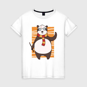 Женская футболка хлопок с принтом Панда Поттер в Петрозаводске, 100% хлопок | прямой крой, круглый вырез горловины, длина до линии бедер, слегка спущенное плечо | волшебник | панда | панды | поттер