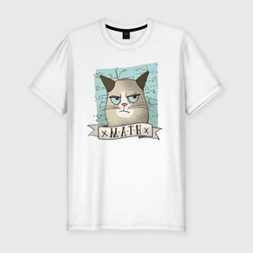 Мужская футболка премиум с принтом Котик не любит Математику в Петрозаводске, 92% хлопок, 8% лайкра | приталенный силуэт, круглый вырез ворота, длина до линии бедра, короткий рукав | Тематика изображения на принте: алгебра | геометрия | кот | котик | котэ | кошка | математика