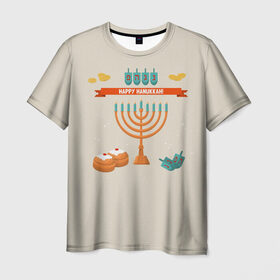 Мужская футболка 3D с принтом Hanukkah в Петрозаводске, 100% полиэфир | прямой крой, круглый вырез горловины, длина до линии бедер | Тематика изображения на принте: hanukkah | израиль | подсвечник | праздник | свечи | счастливого | ханука
