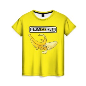 Женская футболка 3D с принтом Brazzers в Петрозаводске, 100% полиэфир ( синтетическое хлопкоподобное полотно) | прямой крой, круглый вырез горловины, длина до линии бедер | brazzers | банан | бразерс | логотип | надпись | прикол | юмор
