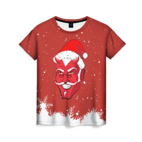 Женская футболка 3D с принтом Сатана Санта в Петрозаводске, 100% полиэфир ( синтетическое хлопкоподобное полотно) | прямой крой, круглый вырез горловины, длина до линии бедер | 2019 |  снег | агрессивный санта | дед мороз | демон | дьявол | злой санта | злость | новогодний | новый год | новый год 2019 | опасность | санта | сантасатана | сатана | снежинки