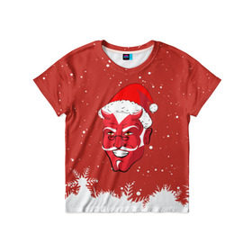 Детская футболка 3D с принтом Сатана Санта в Петрозаводске, 100% гипоаллергенный полиэфир | прямой крой, круглый вырез горловины, длина до линии бедер, чуть спущенное плечо, ткань немного тянется | Тематика изображения на принте: 2019 |  снег | агрессивный санта | дед мороз | демон | дьявол | злой санта | злость | новогодний | новый год | новый год 2019 | опасность | санта | сантасатана | сатана | снежинки