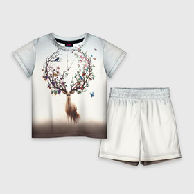 Детский костюм с шортами 3D с принтом Олень с ветвями вместо рог в Петрозаводске,  |  | Тематика изображения на принте: бабочка | волшебство | деревья | лес | листья | оленёнок | природа | птица | сказка | фрукты | цветы