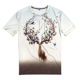 Мужская футболка 3D с принтом Олень с ветвями вместо рог в Петрозаводске, 100% полиэфир | прямой крой, круглый вырез горловины, длина до линии бедер | Тематика изображения на принте: бабочка | волшебство | деревья | лес | листья | оленёнок | природа | птица | сказка | фрукты | цветы
