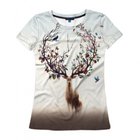 Женская футболка 3D с принтом Олень с ветвями вместо рог в Петрозаводске, 100% полиэфир ( синтетическое хлопкоподобное полотно) | прямой крой, круглый вырез горловины, длина до линии бедер | бабочка | волшебство | деревья | лес | листья | оленёнок | природа | птица | сказка | фрукты | цветы