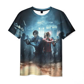 Мужская футболка 3D с принтом Resident Evil 2 в Петрозаводске, 100% полиэфир | прямой крой, круглый вырез горловины, длина до линии бедер | 2 | 2019 | resident evil | герои | игра | клер | клэр | леон | обитель зла | пистолеты | постер | ремейк